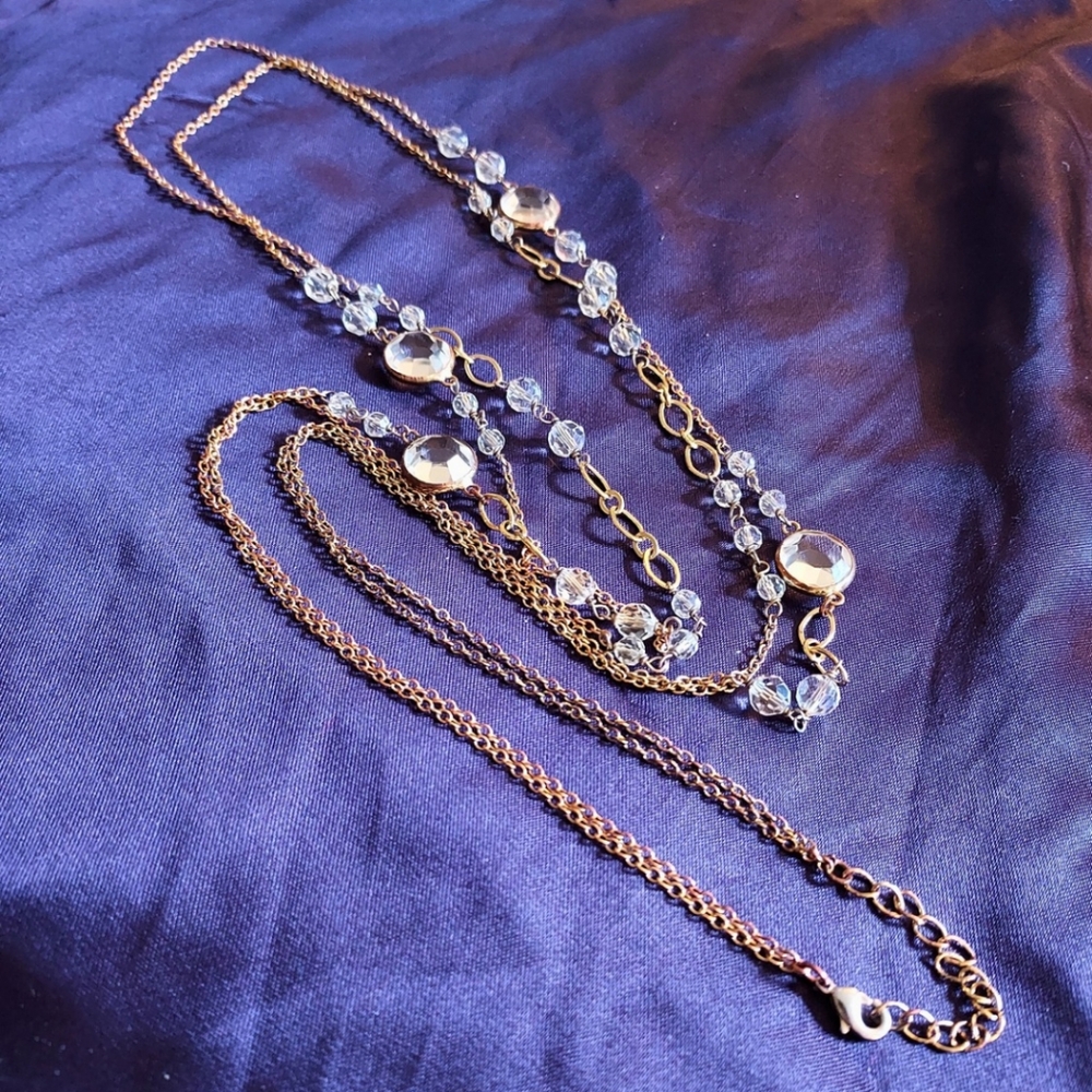 Delicate double-layered long gold chain necklace with glass beads